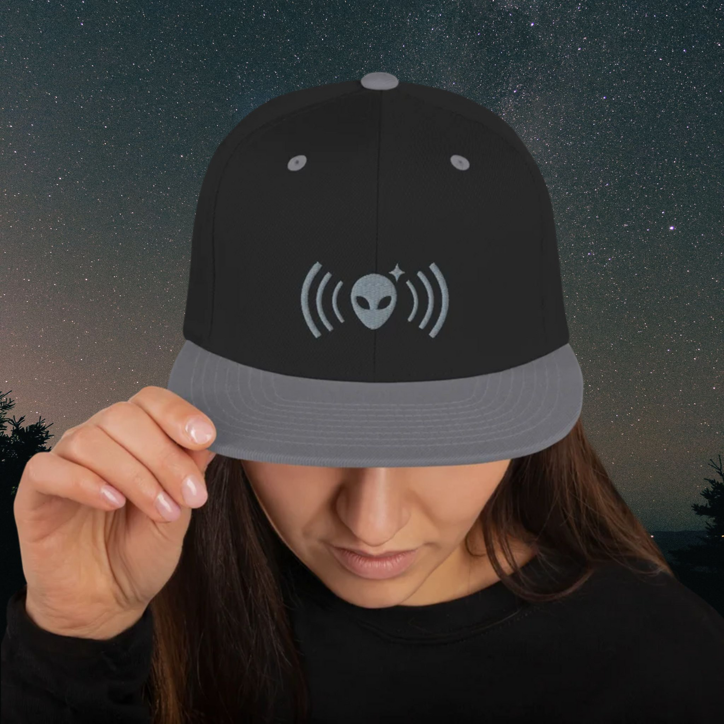 Black & Space Gray Alienhead Signal Snapback Hat | Space Gray Embroidery