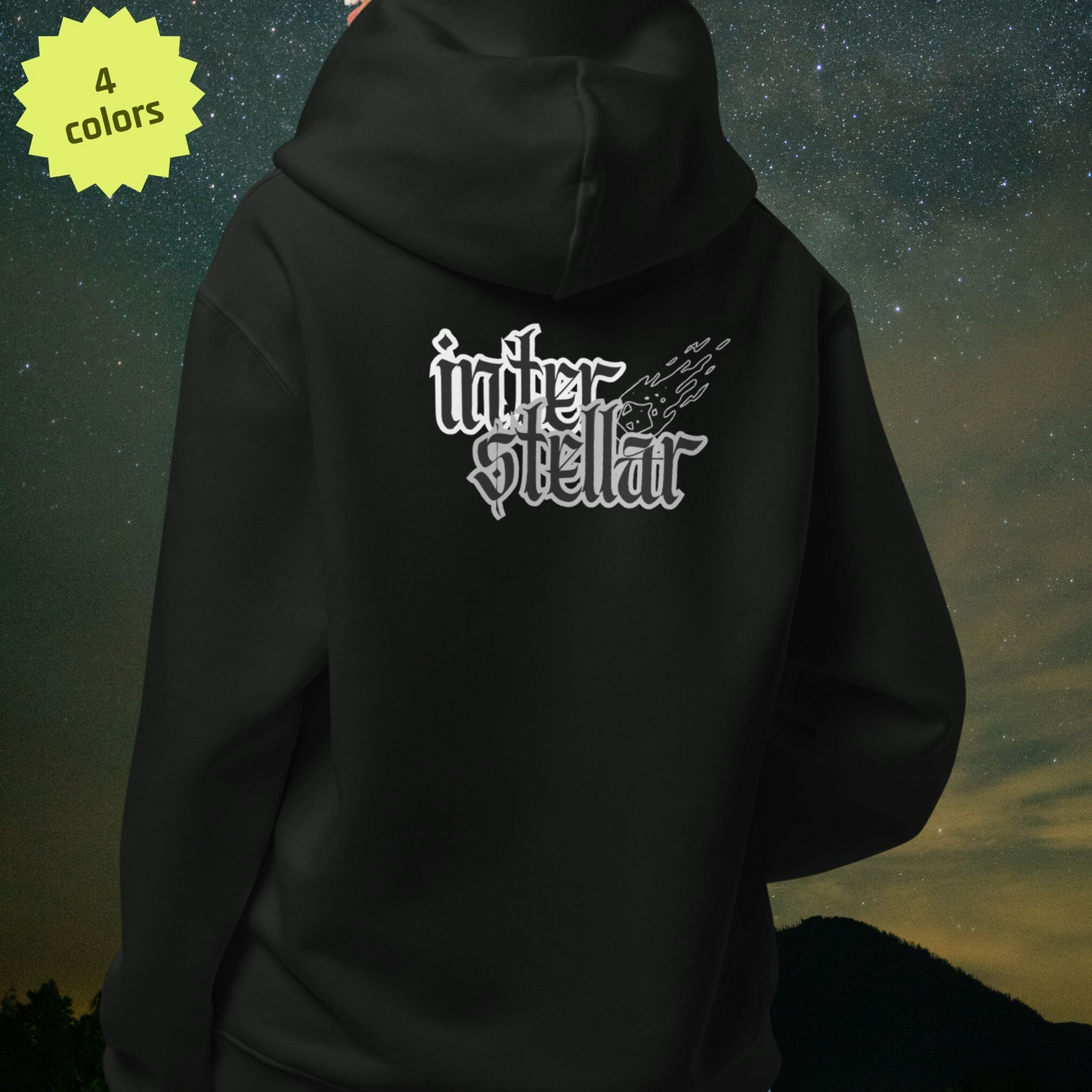Black Stellarwear hoodie with 'interstellar' text on the back against a starry night sky.