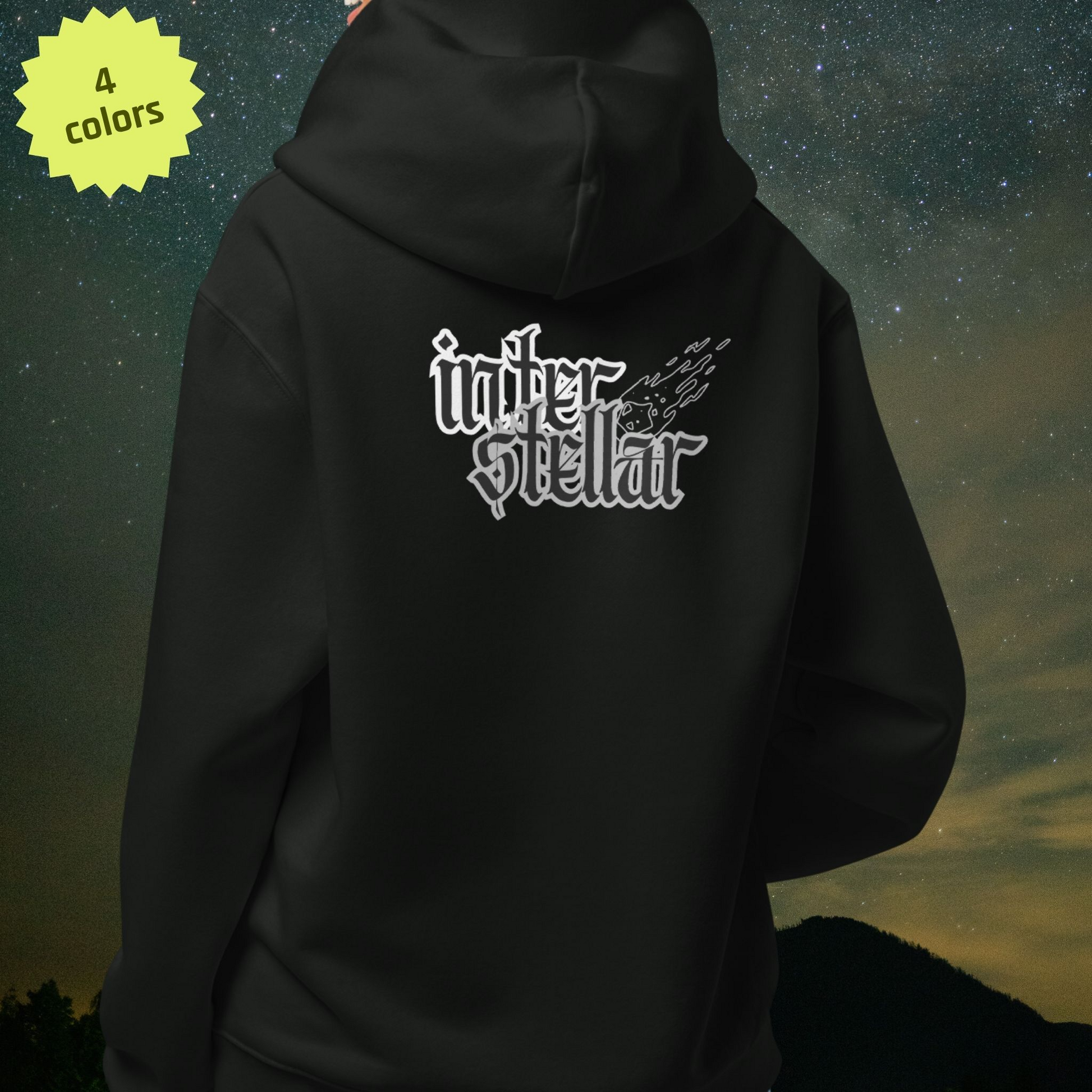 Black Stellarwear hoodie with 'interstellar' text on the back against a starry night sky.