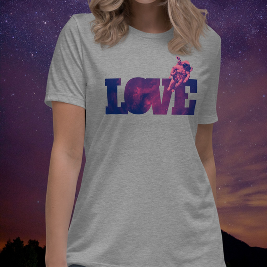 Gray Stellarwear t-shirt with 'LOVE' printed on it and an astronaut against a starry sky background