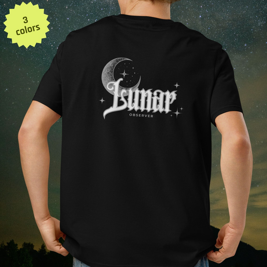 Black Stellarwear t-shirt with 'Lunar Observer' design on the back, against a night sky background.