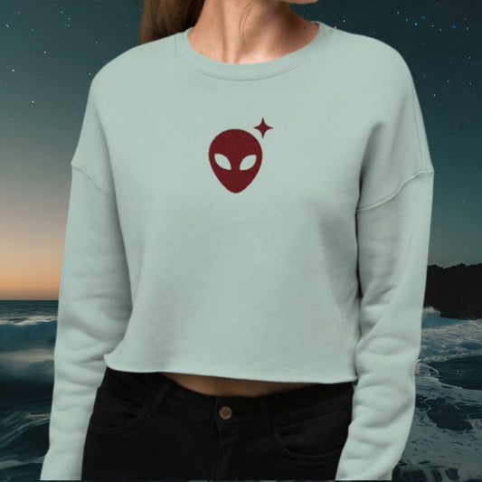 Seafoam Cropped Sweatshirt with Maroon Alienhead