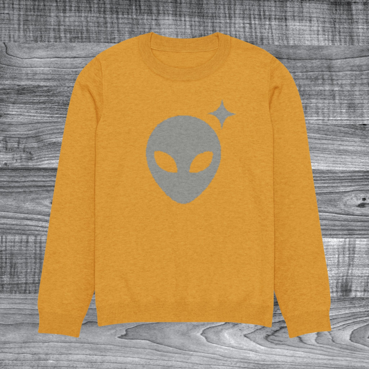 Mustard Crewneck Sweater with Gray Alienhead