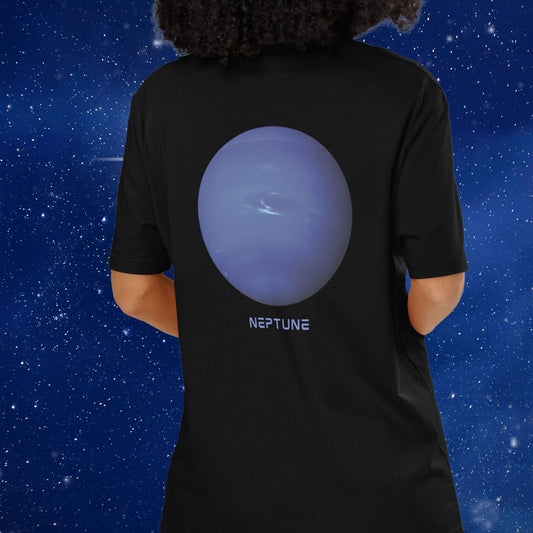 image of a person wearing a black Stellarwear organic cotton t shirt with a high resolution image of the planet Neptune against a starry sky background