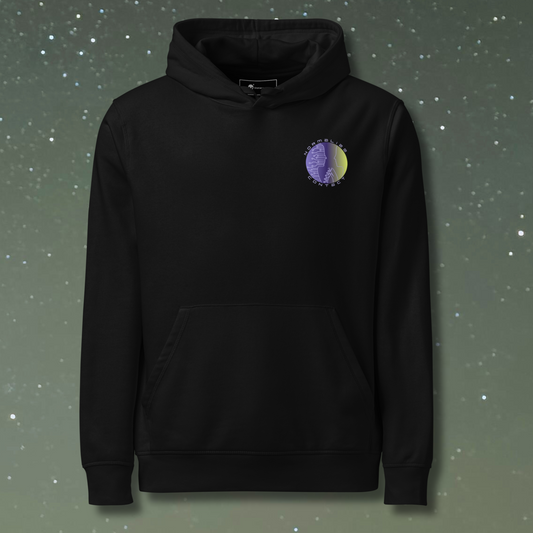 Stellarwear black hoodie with a colorful alien logo on a starry background