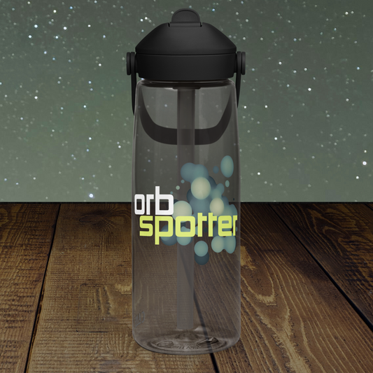 Clear Stellarwear water bottle with black lid on a wooden surface and starry night background