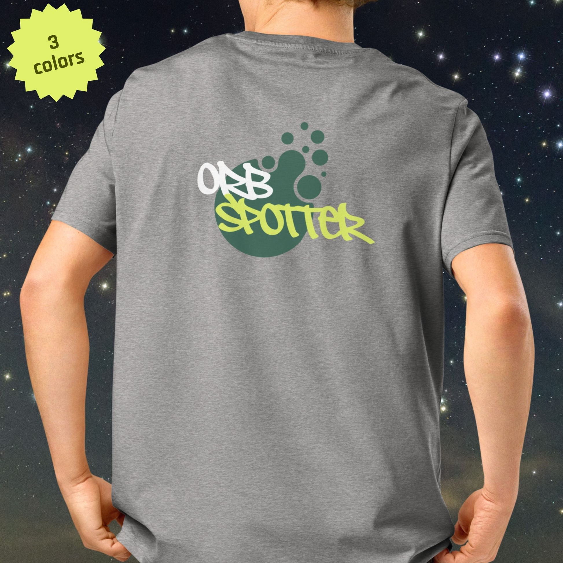 Gray Stellarwear t-shirt with 'Orb Spotter' logo on a space-themed background