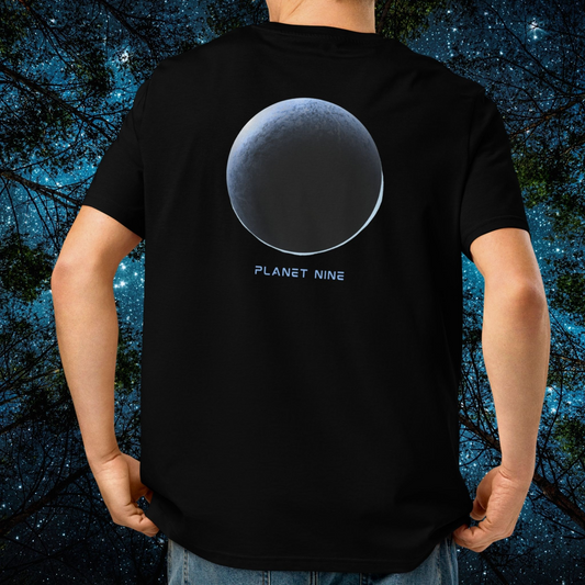 Black Stellarwear t-shirt with 'Planet Nine' graphic design against a starry night sky background