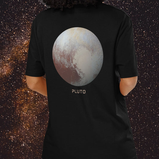 Woman wearing a black Stellarwear t shirt with a high resolution image of dwarf planet Pluto against a starry sky background
