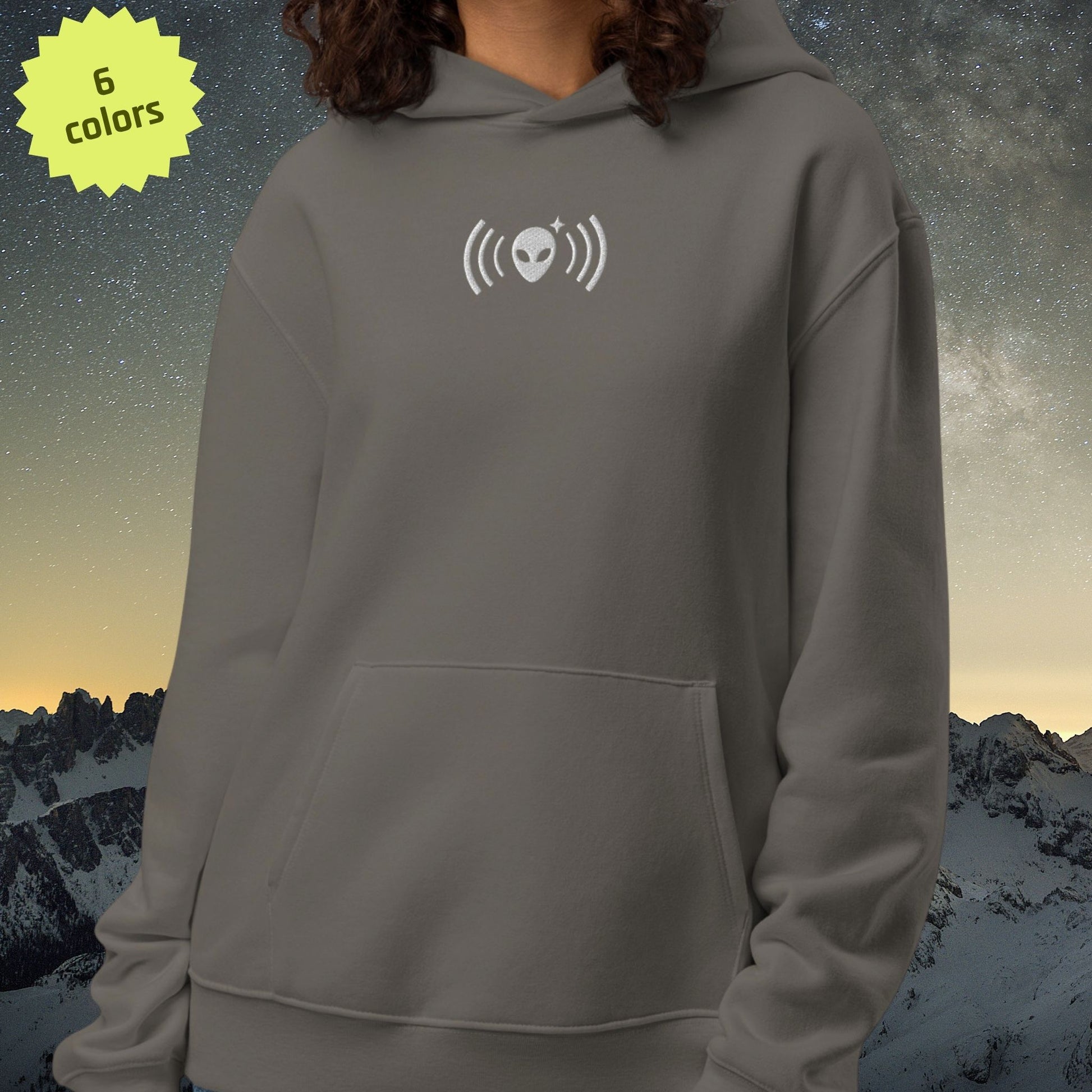 Person wearing a gray Stellarwear hoodie with an embroidered white alien symbol on a mountain landscape background