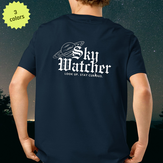 Navy blue Stellarwear t-shirt with 'Sky Watcher' logo and text against a night sky background