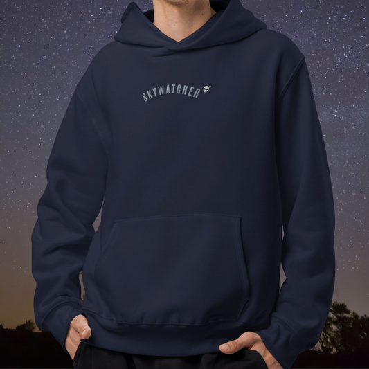 Stellarwear navy blue hoodie with 'SKYWATCHER' text against a starry night sky background