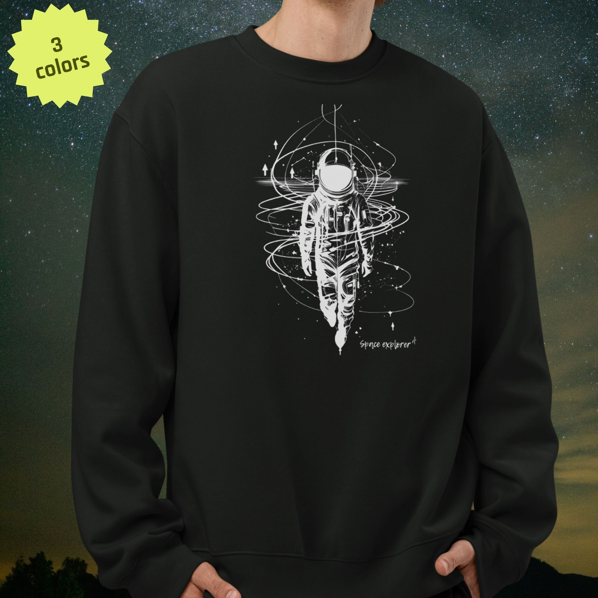 Black Stellarwear sweatshirt with an astronaut design on a starry background