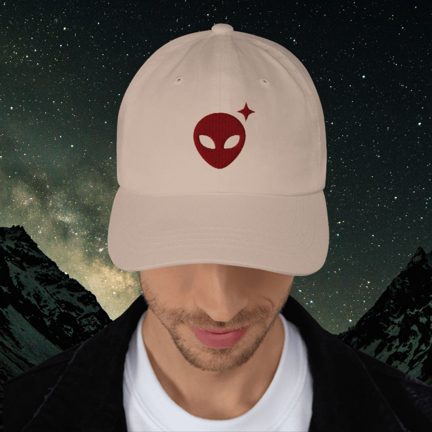 Stone Dad Hat with Maroon Alienhead
