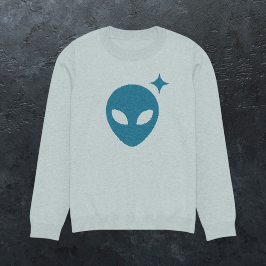 Light Blue Crewneck Sweater with Turquoise Alienhead